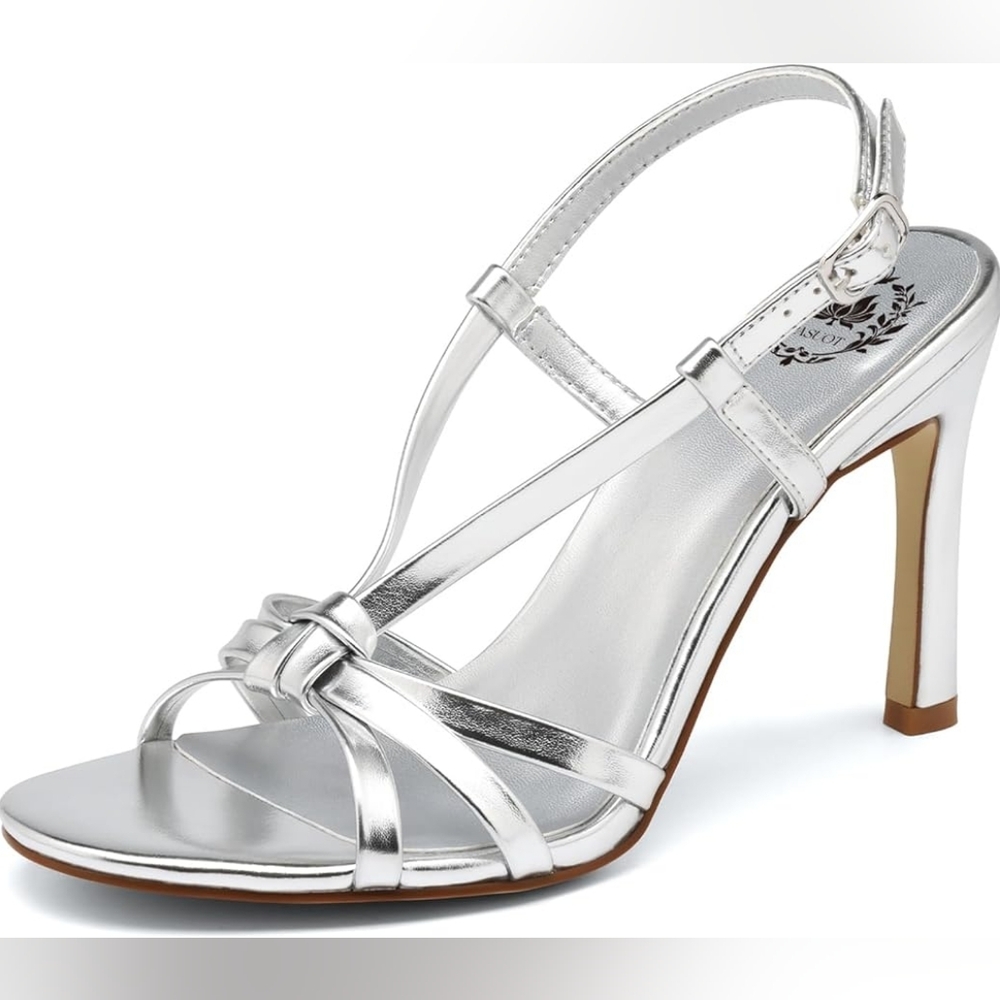 Strappy Open Toe Ankle Strap Stiletto High Heels, Silver, 5